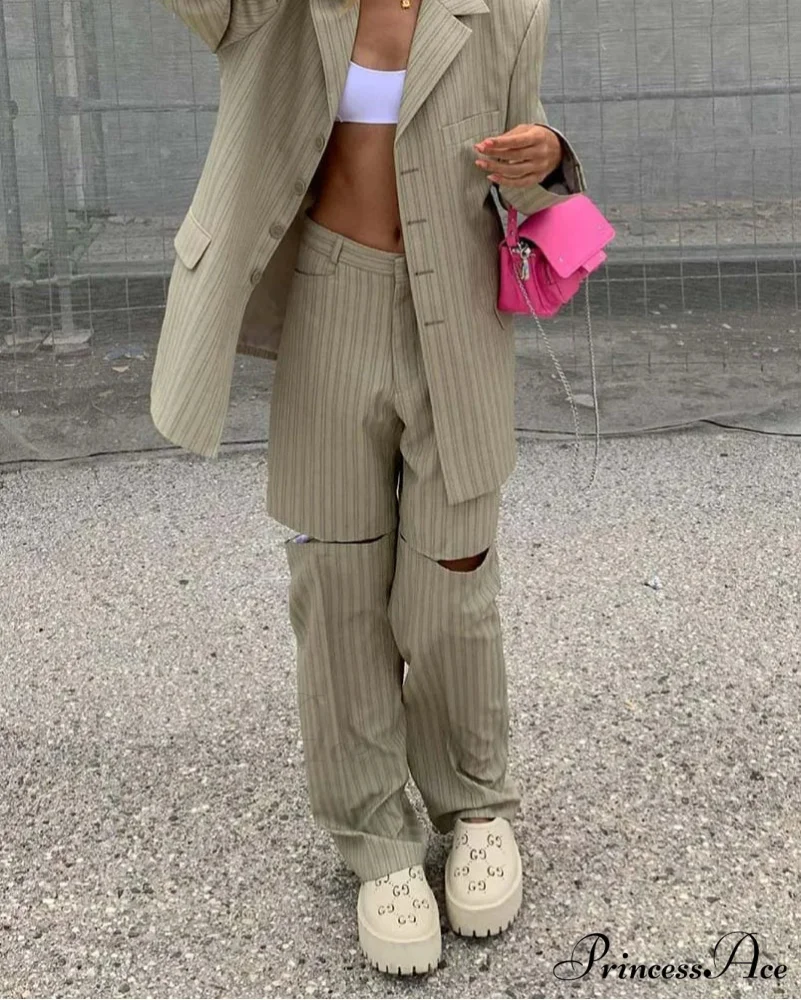 Beige Pattern Cut Out Pants Work Two Piece Ensemble