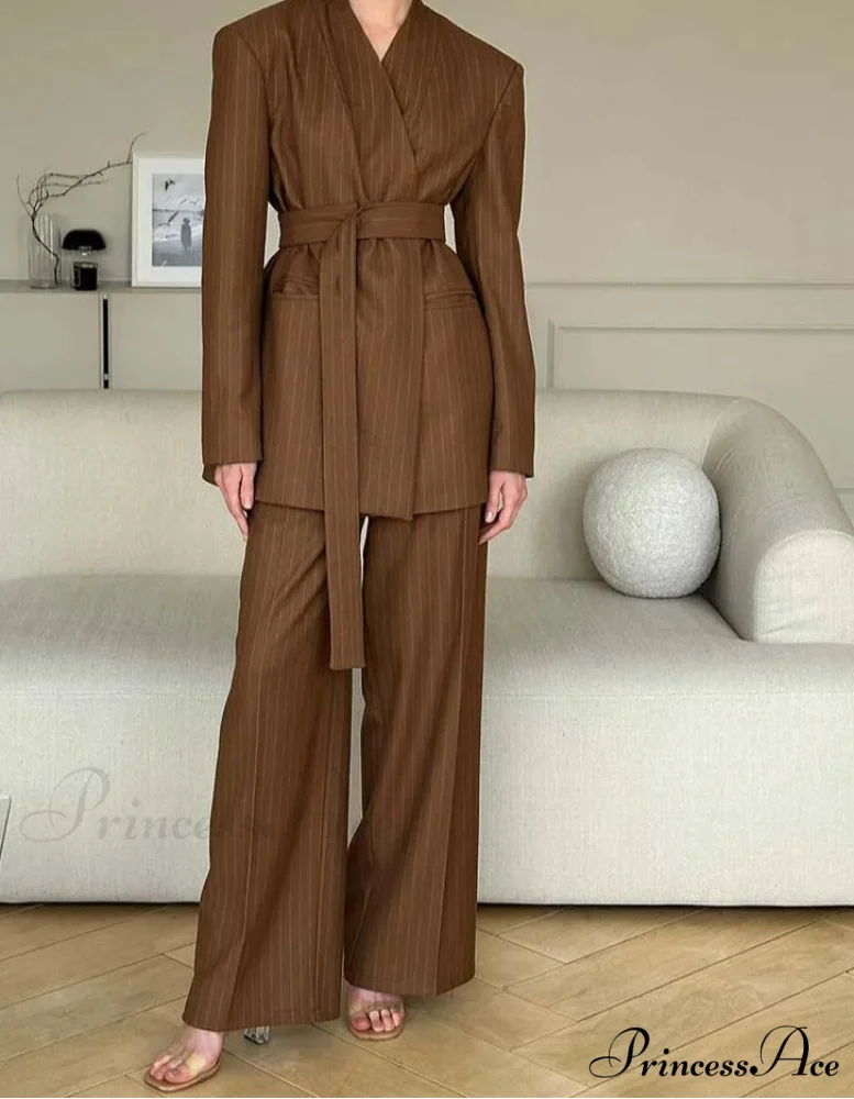 Brown Printed V-Neck Lace-Up Trousers Office Two Piece Set
