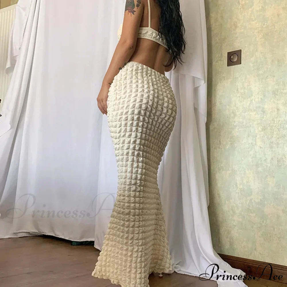 Backless Hollow Out Maxi For Women Popcorn Texture Knitted Bubble Waffle Spaghetti Straps Bodycon Prom Cut Out Dress