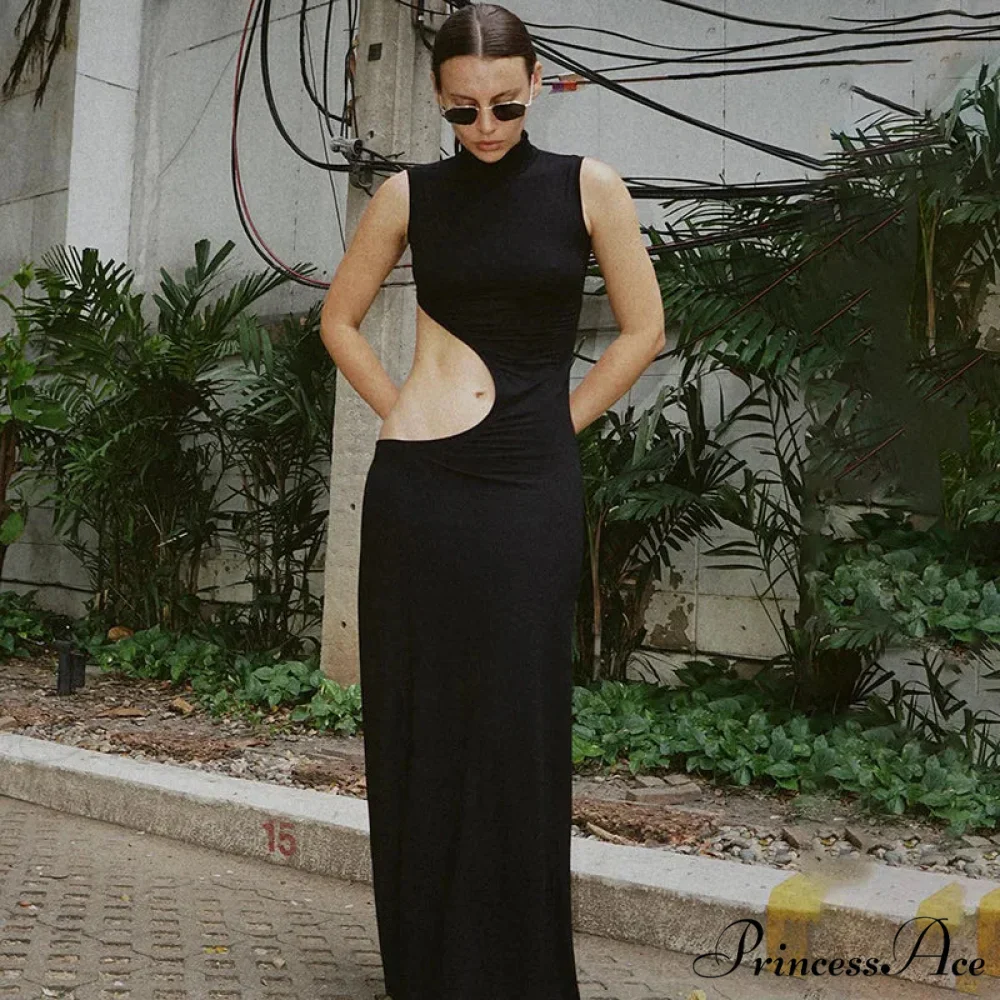 Black Hollow Out Long Women 2024 Sleeveless Bodycon Sexy Maxi Evening Slim Fashion Clubwear Cut Out Dress - Image 2