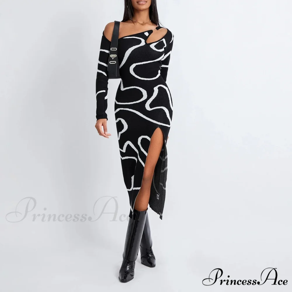 Y2k Women Off Shoulder Long Sleeve Asymmetric Bodycon Split Midi Going Out Vintage Streetwear Cut Out Dress
