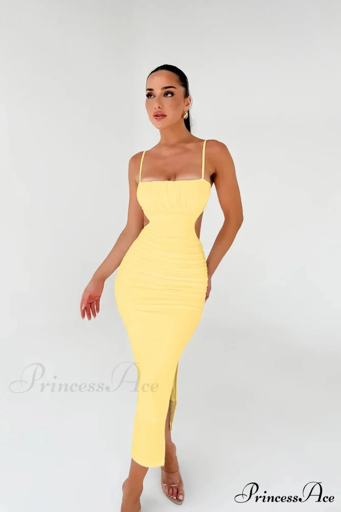 Backless Solid Fold Pleated Side Slit Summer New Women's Suspender Wrapped Buttocks Long Skirt Cut Out Dress