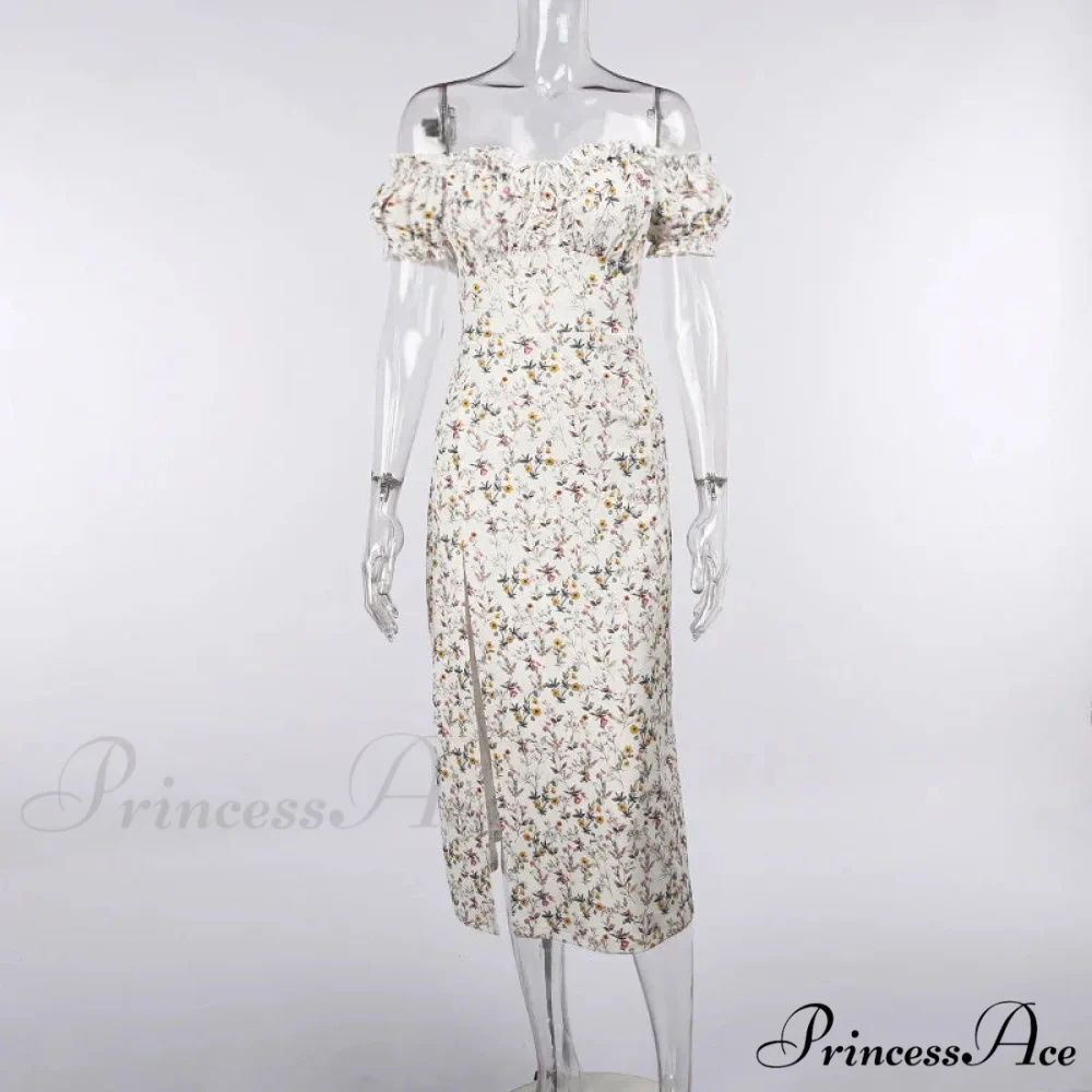 Summer Off Shoulder Puff Sleeve Lace Up Side Split Chic Aesthetic Floral Dress - Image 3