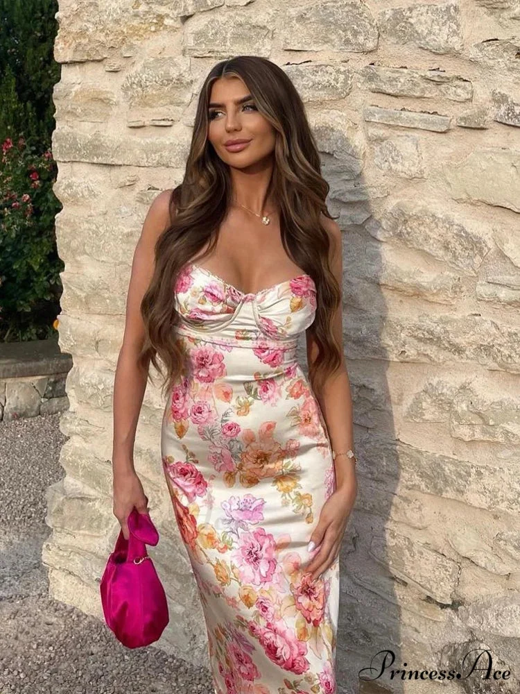 Suninheart Spaghetti Strap Print Party Wedding Guest Holiday 2024 Floral Dress - Image 2