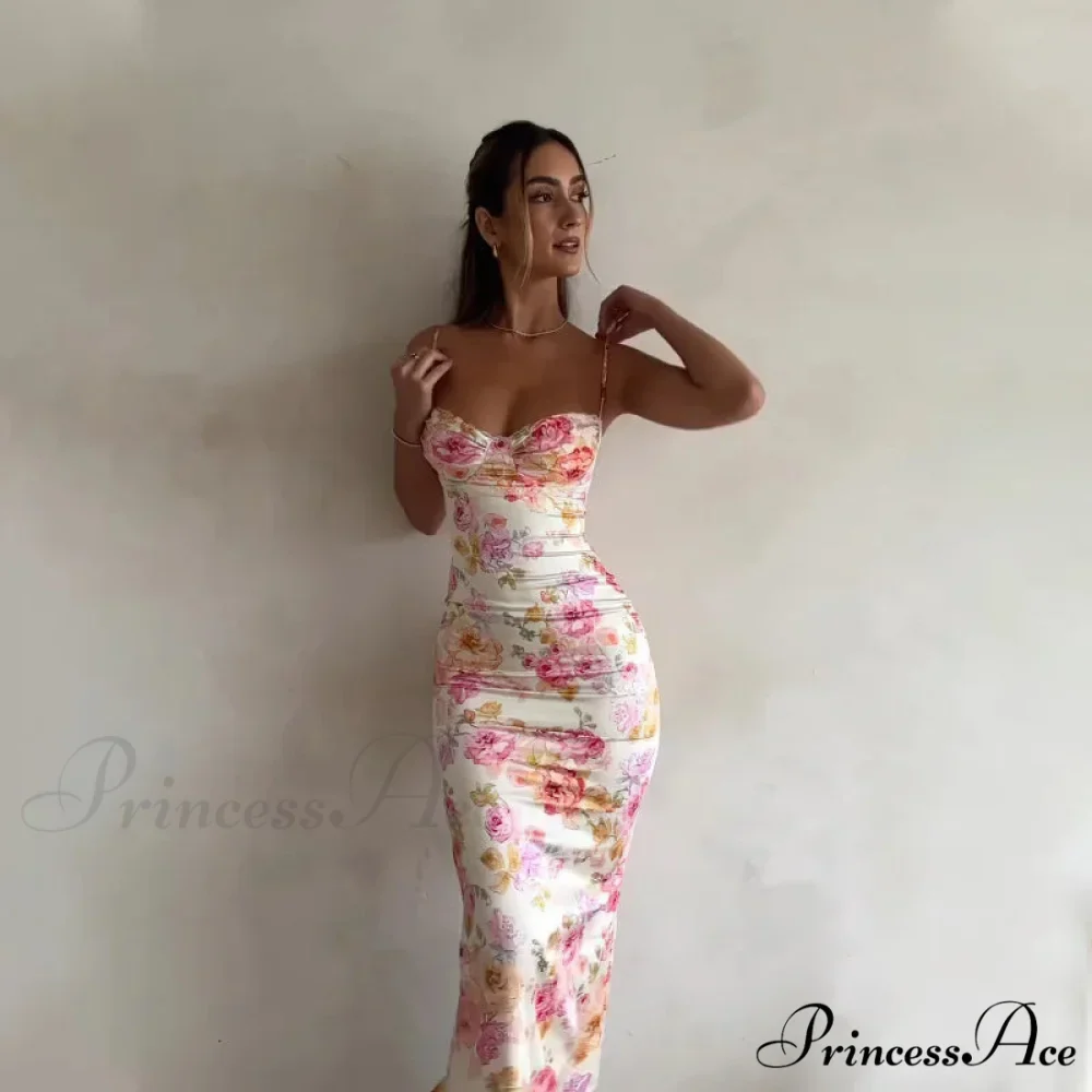 Suspender Split SlimSleeveless Beach Spaghetti Strap 2024 Summer Floral Dress