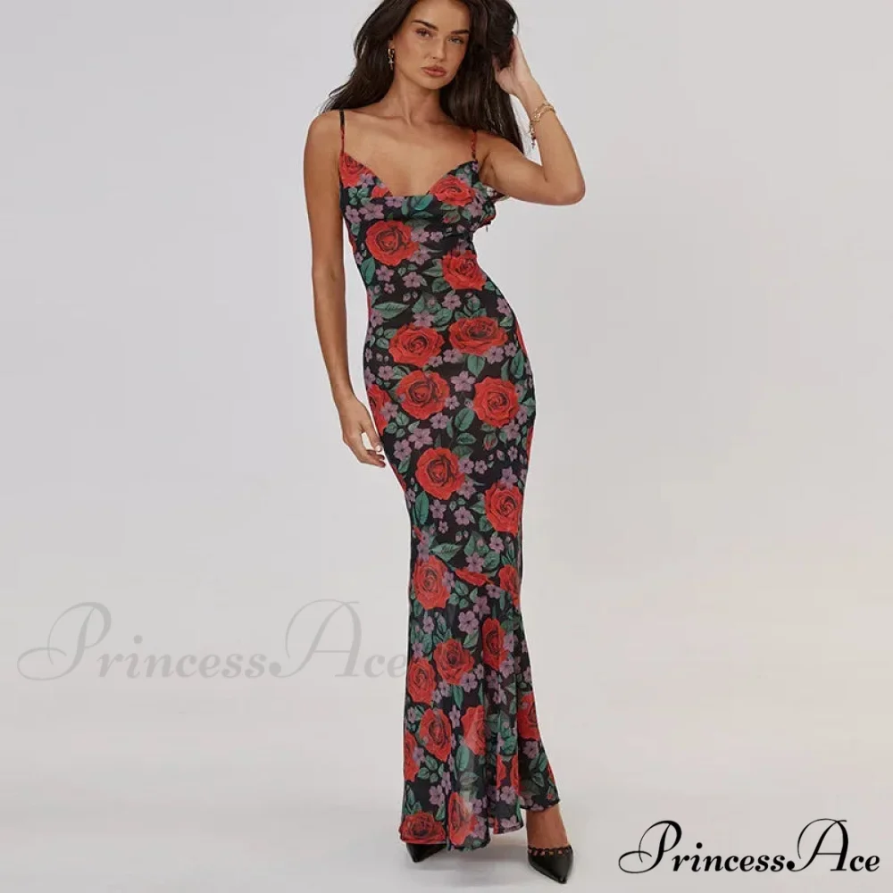 Print Sleeveless V Neck Party Club Backless Y2K Beach Sun Floral Dress - Image 2