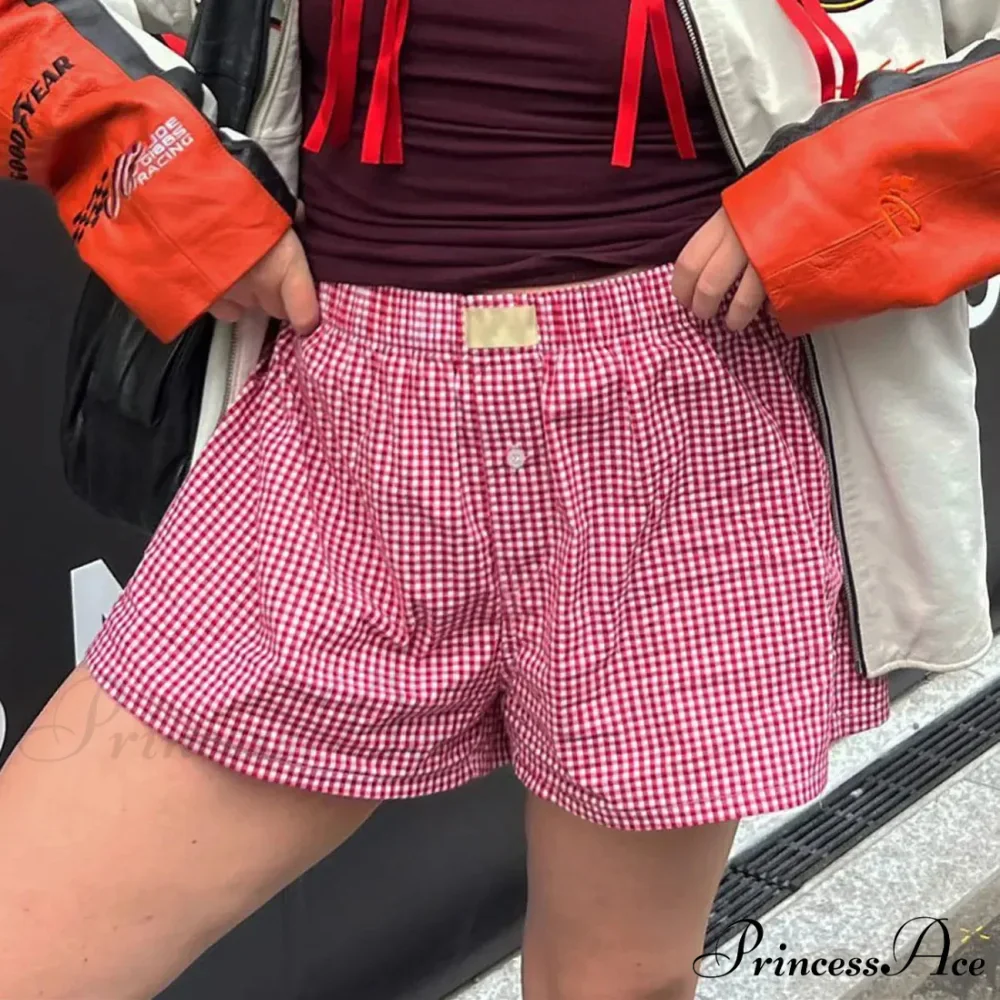 Y2K Gingham Boxer Stripes Button Elastic Waist Boxers Mini Bloomers Plaid Short