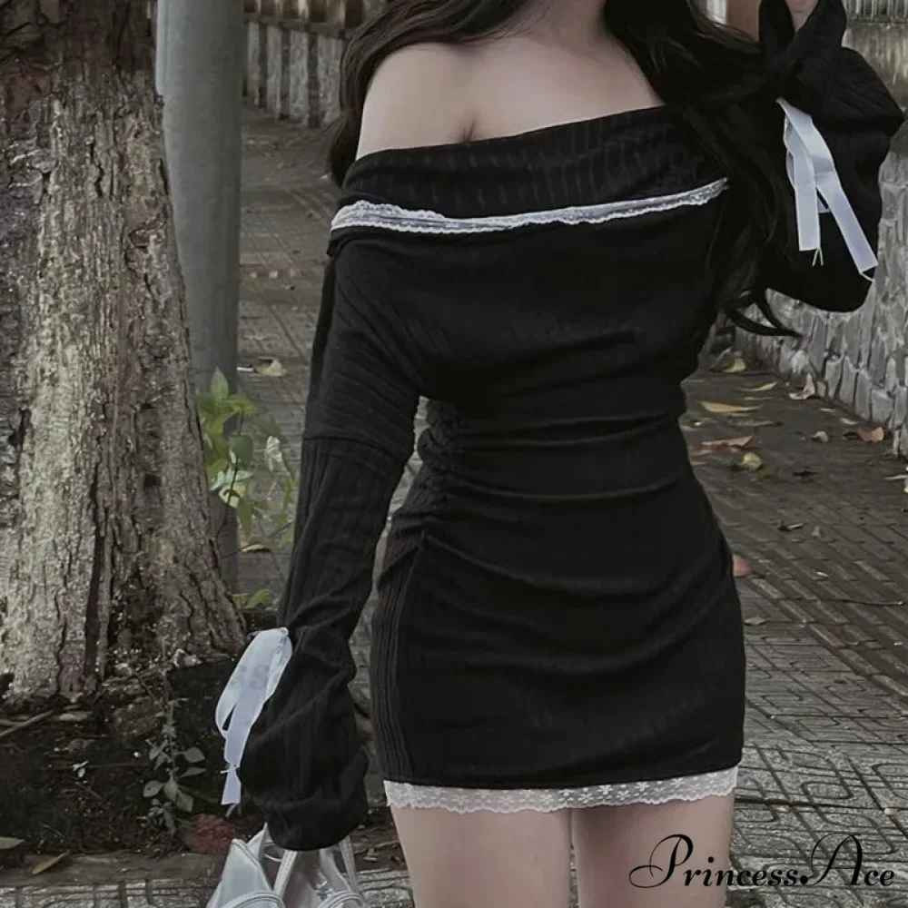 Strapless Black Autumn Off Shoulder Long Lace Knitting Bandage Mini Elegant Club Partywear Bodycon Dress - Image 6