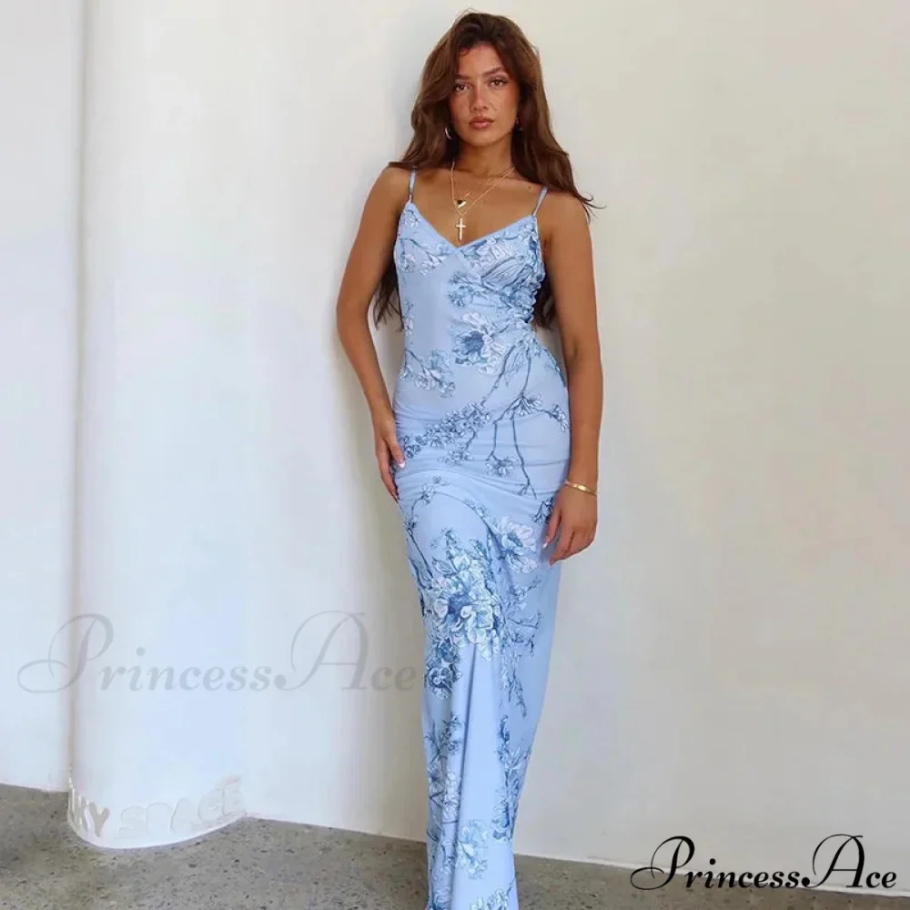 Floral Print Suspender V-neck Maxi 2024 Chic Female Beach Party Club Bodycon Dress