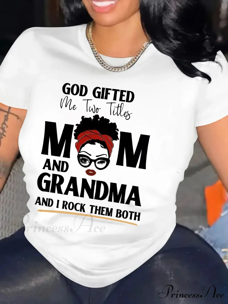 Casual Crew Neck Tee with Letter Print Easy-Care All-Season Knit Fabric Tribute to Mom & Grandma T-shirt