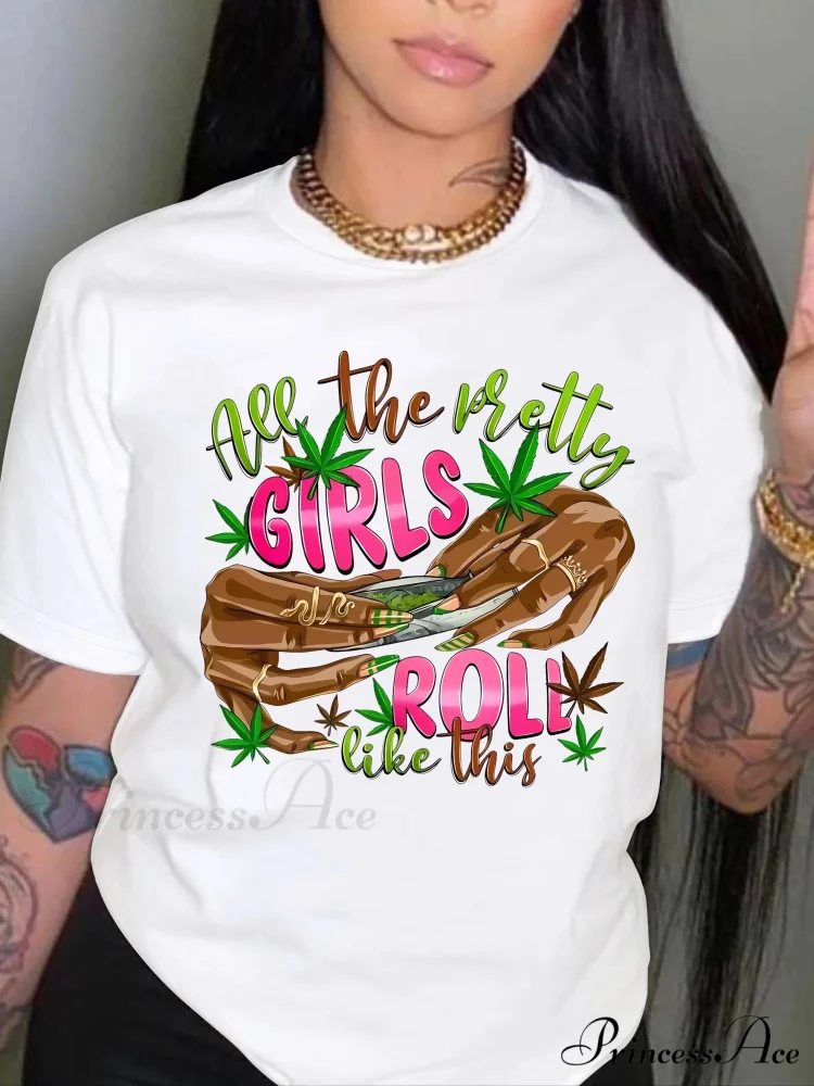 Every Day Tops Girls Hand & Letter Graphic Print Crew Neck Short Sleeve Women's Clothing T-shirt