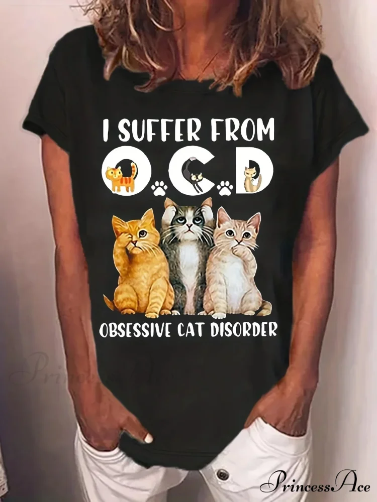 Women's Spring & Summer Short Sleeve Crew Neck Cat & Letter Print T-shirt