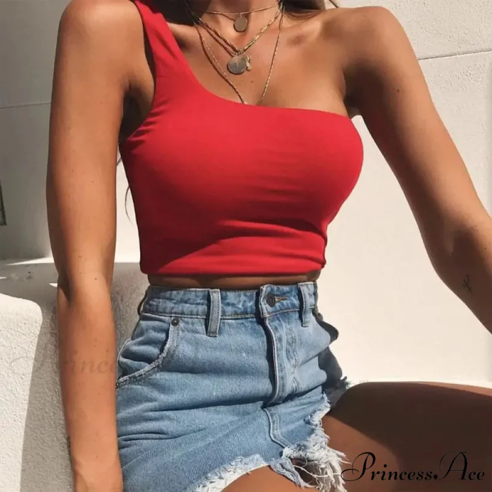 Women Female One Shoulder Crops Sleeveless Summer Beach Vest Bare Midriff Summer Fashion Clothes Tank top