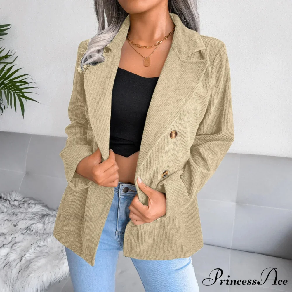 Plus Size Double Breasted Corduroy Long Sleeve Work Office Boyfriend Blazer Chic Stylish Elegant Fashionable Versatile Jacket