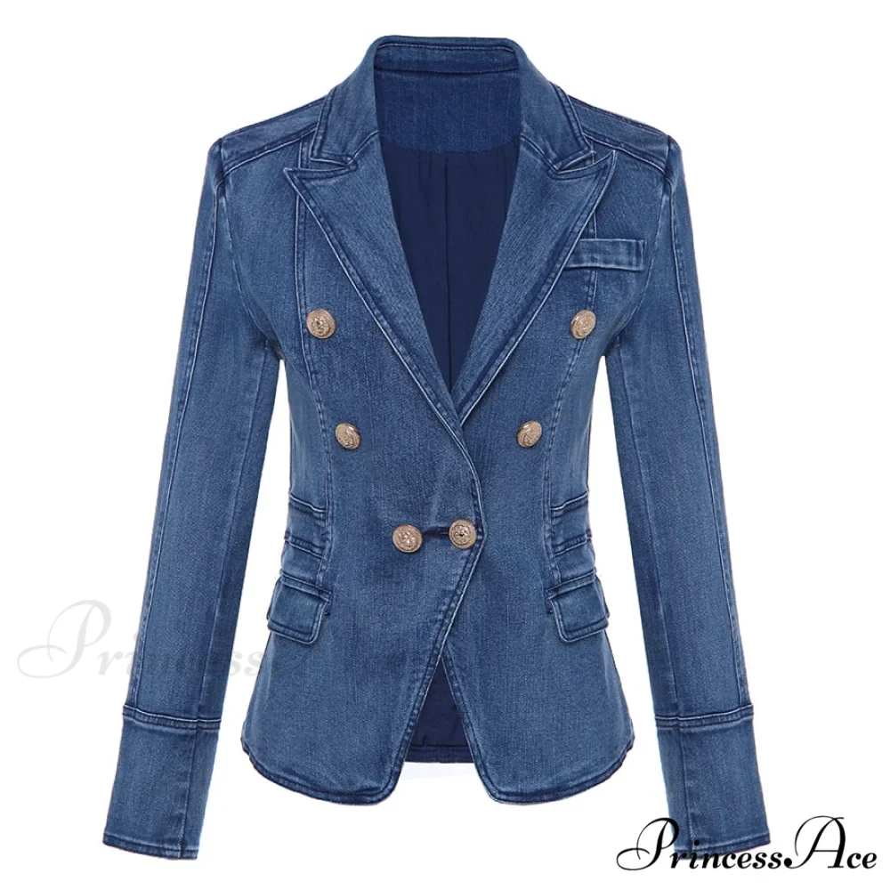 Metal Lion Buttons Double Breasted Denim Blazer