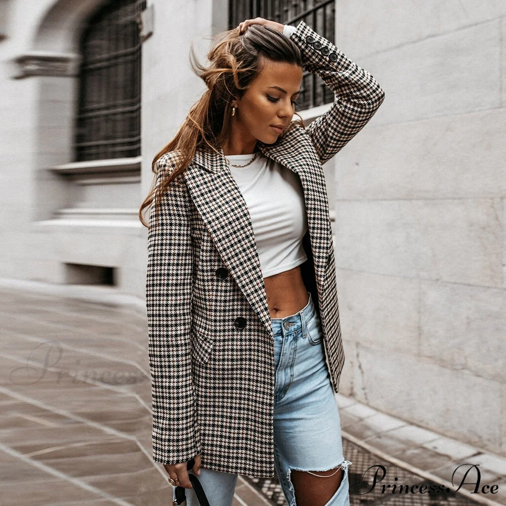 Ladies Notched Collar Plaid Blazer - Image 3