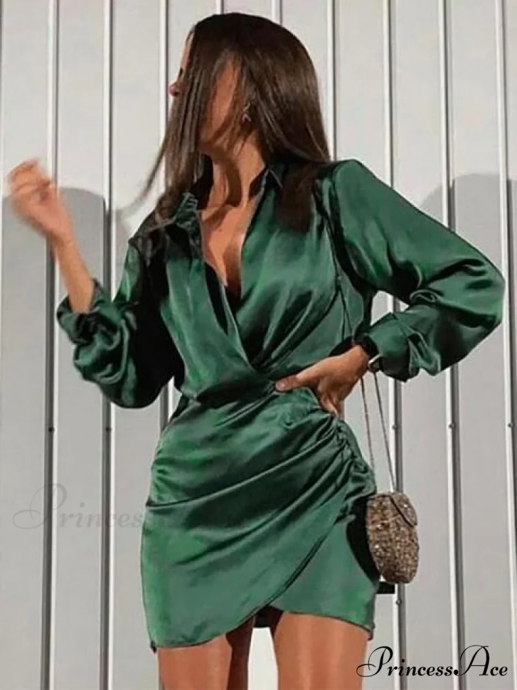 Long Sleeve V Neck Ruched Wrap Mini Dress
