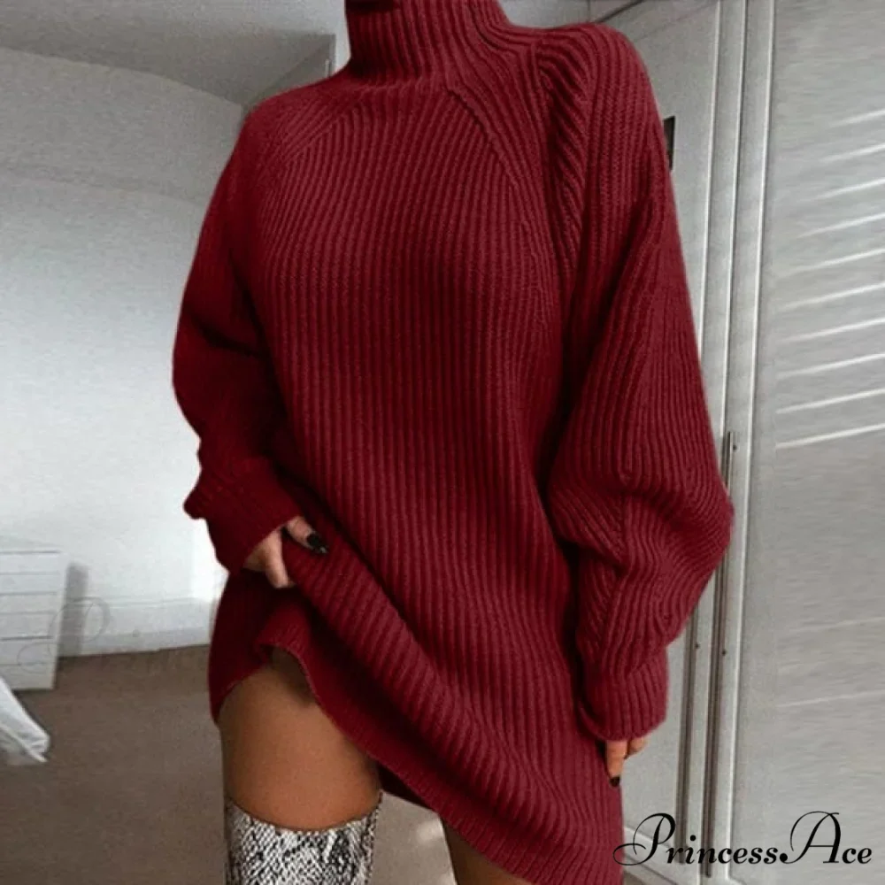 Oversized Solid Long Sleeve Elegant Mini Sweater Dress - Image 4