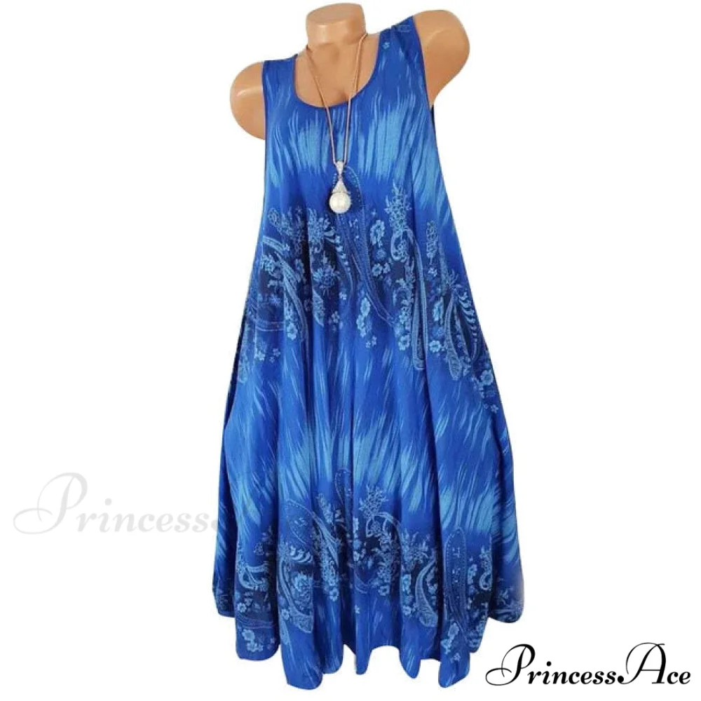 Flower Print Sleeveless Round Neck Loose Shift Dress