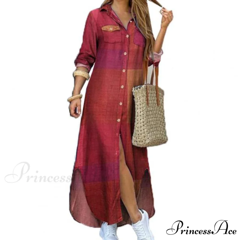 Single-breasted Printed Loose Maxi Shirt Dress - Image 4