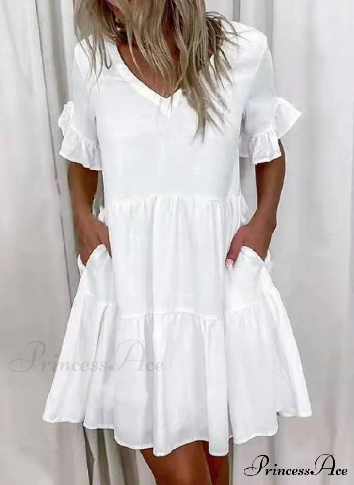 Short Sleeve Floral Print Ruffled Pocket Dresses