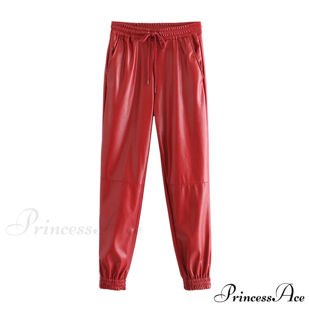 Fashion Side Pockets Faux Leather Jogging Pants