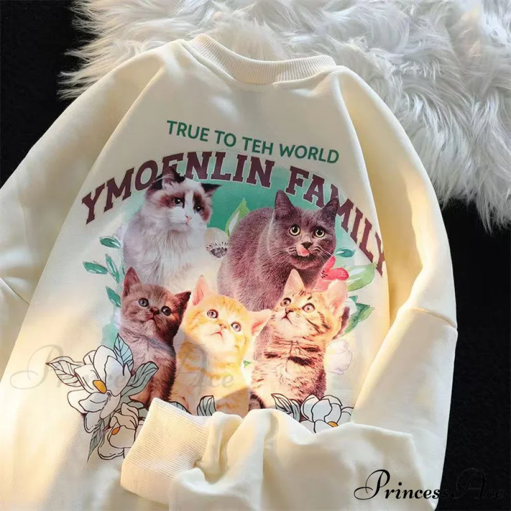 Sweet Cute Cat Print Crewneck Hoody Pullover