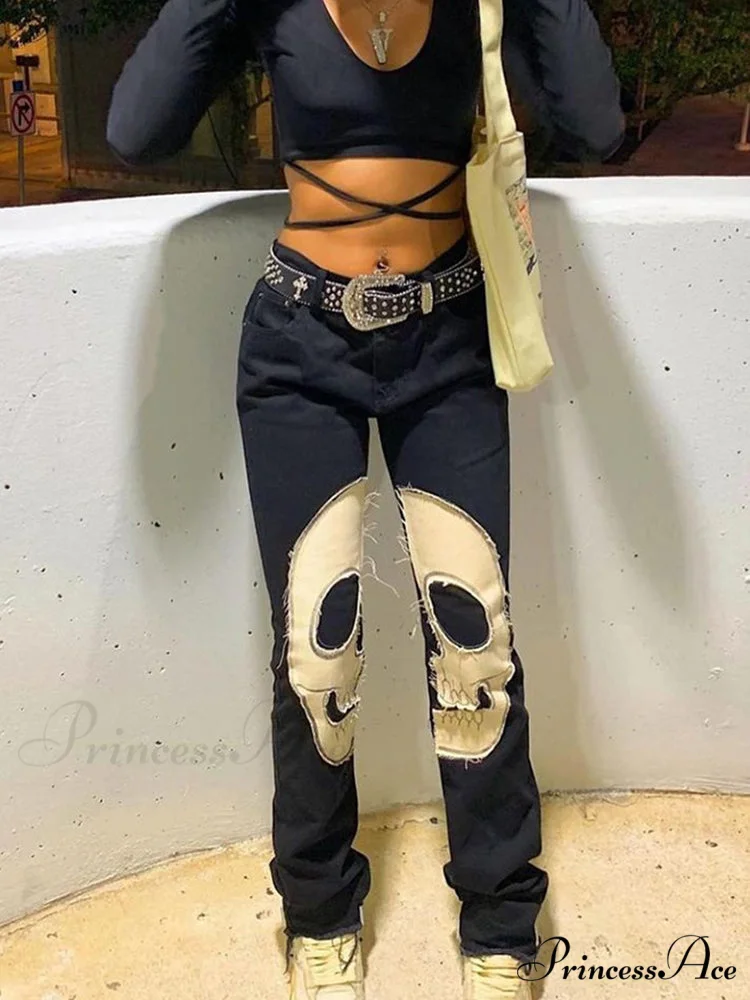Gothic Skeleton Print Y2K Black Jeans - Image 2