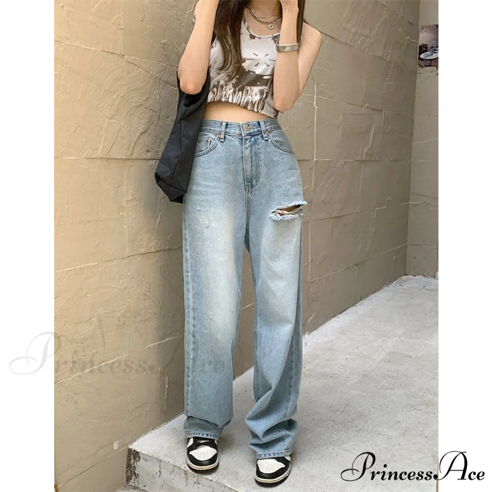 Wide Leg Blue Ripped Straight Jeans