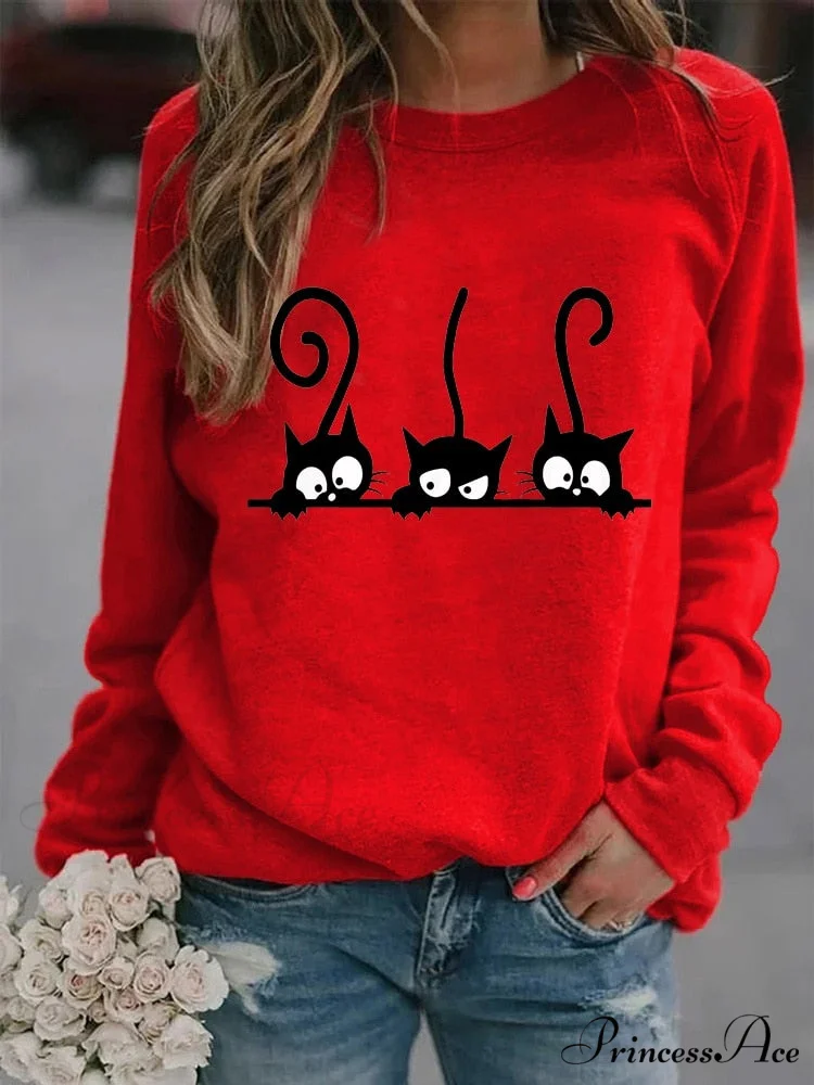 Round Neck Black Cats Printed Loose T-shirt