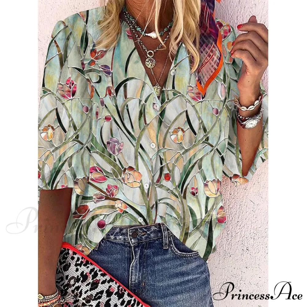 Vintage Loose Stamens Print Blouses - Image 14