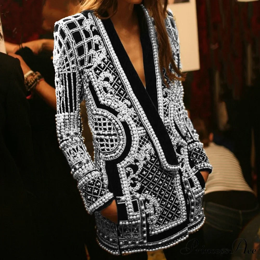 Beading Design Long Sleeve Vintage Coat - Image 2