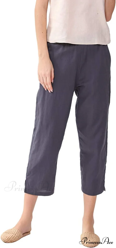 Womens Linen Capri Pants with Pockets Full Elastic Waistband Casual Pants