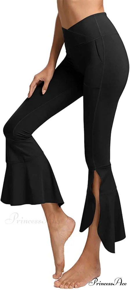 Capri Yoga Pants Cross High Waisted Cropped Slit Flared Ruffle Bottom