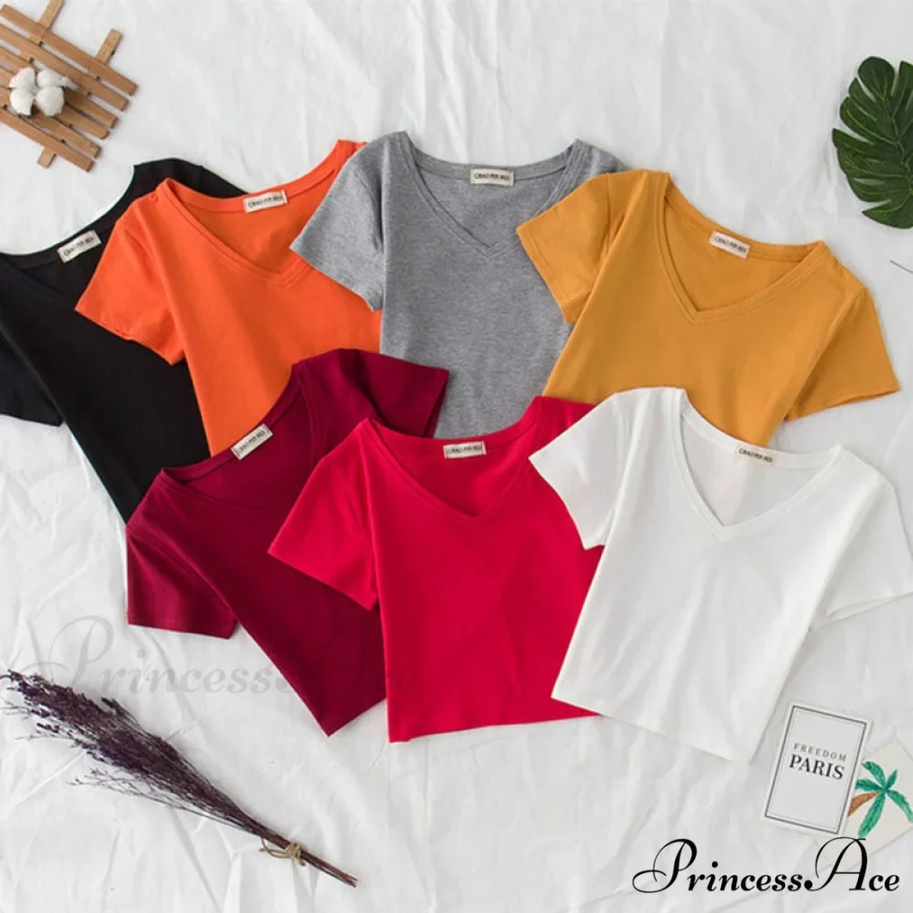 Cotton V Neck Solid Color T Shirt