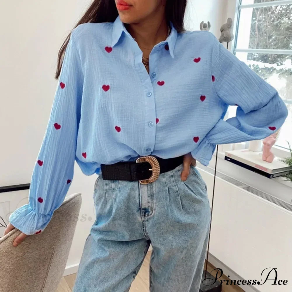 Turn Down Collar Heart Print Blouses - Image 3