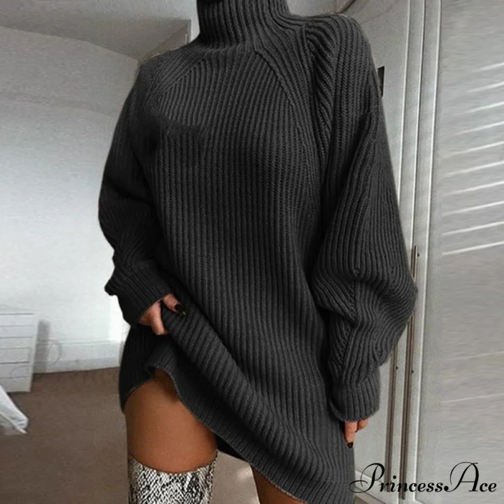 Solid Color Turtleneck Sweater Knitted Mini Dress - Image 6