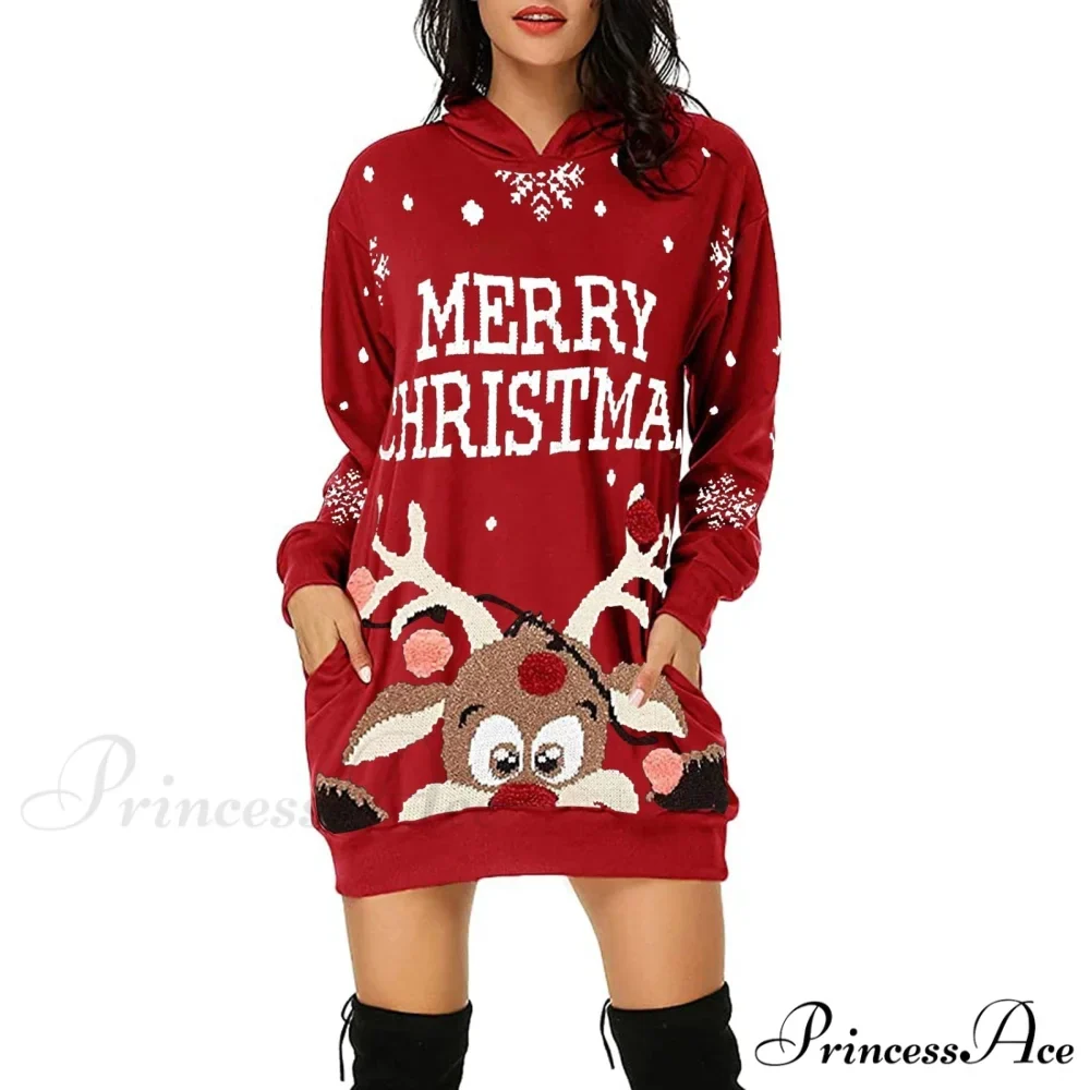Christmas Hoodie Bag Hip Pocket Elk Sweater Dress