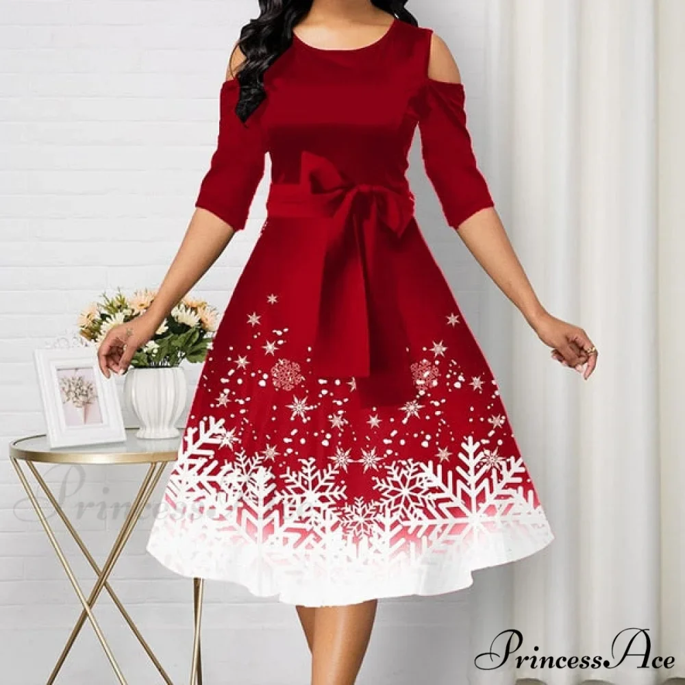 Snowflake Print Cold Shoulder Christmas Dress - Image 2