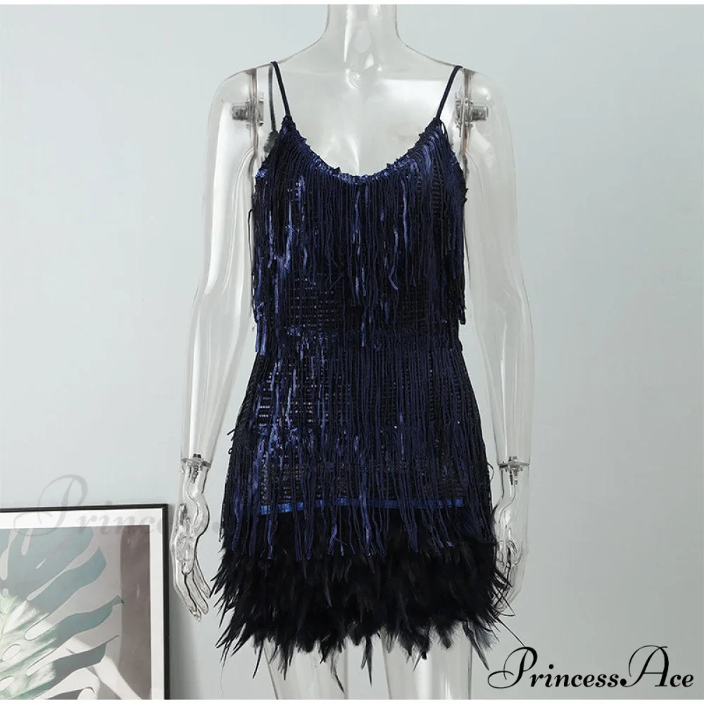 Feather Spaghetti Strap Sexy Stitching Mini Dress - Image 4