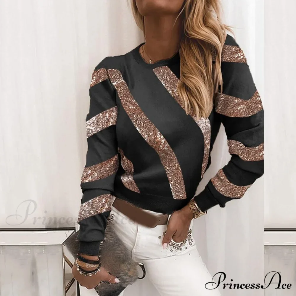 Plus Size O Neck Striped Sequin Long Sleeve T-shirt - Image 3