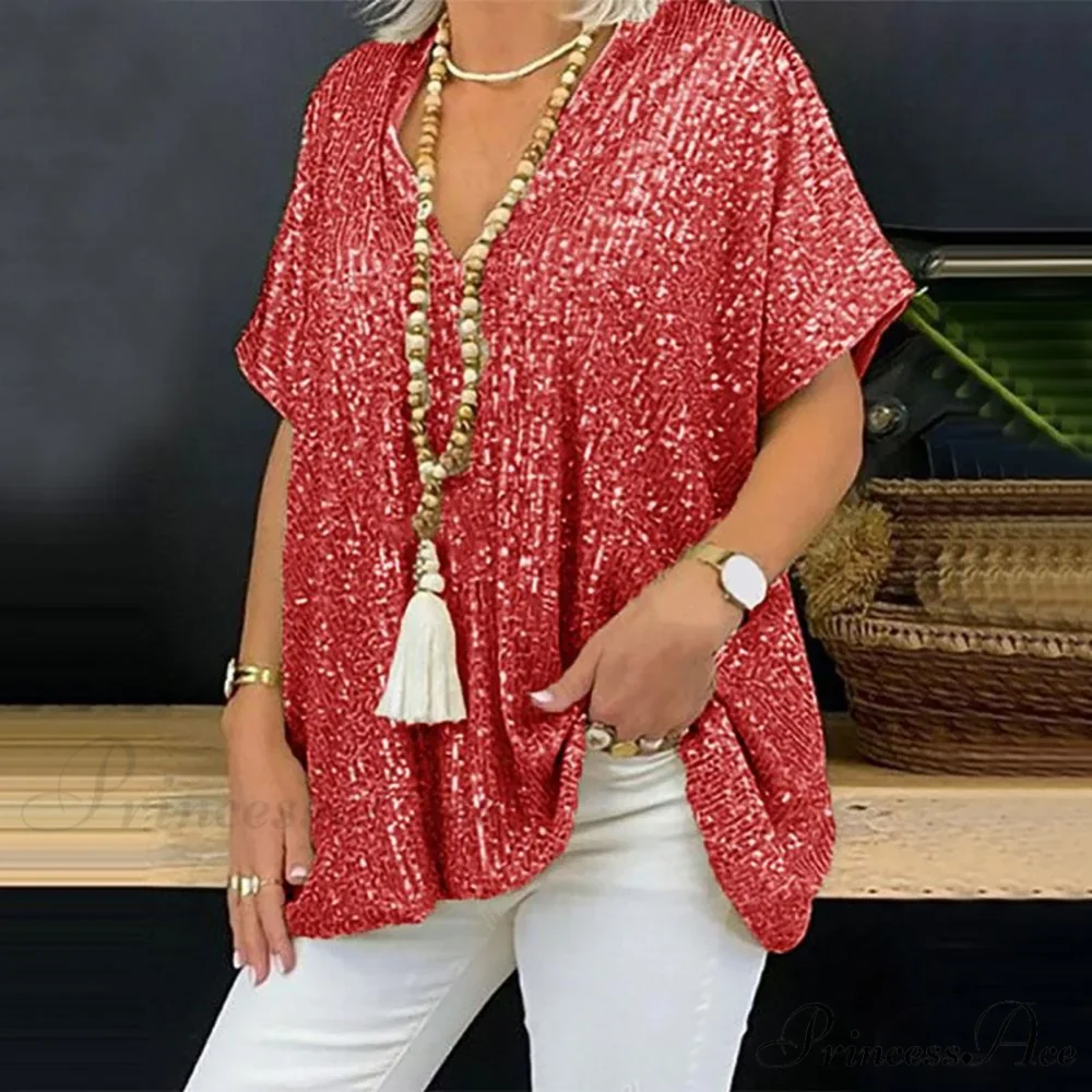 Retro Printed 3D Cutting Loose Shiny Sequins Blouse