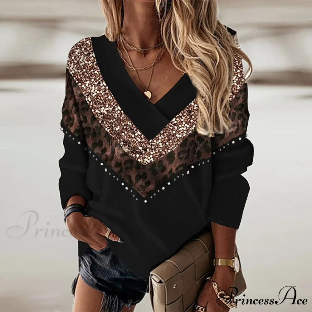Retro Leopard Print Contrast Color V-Neck Pullover
