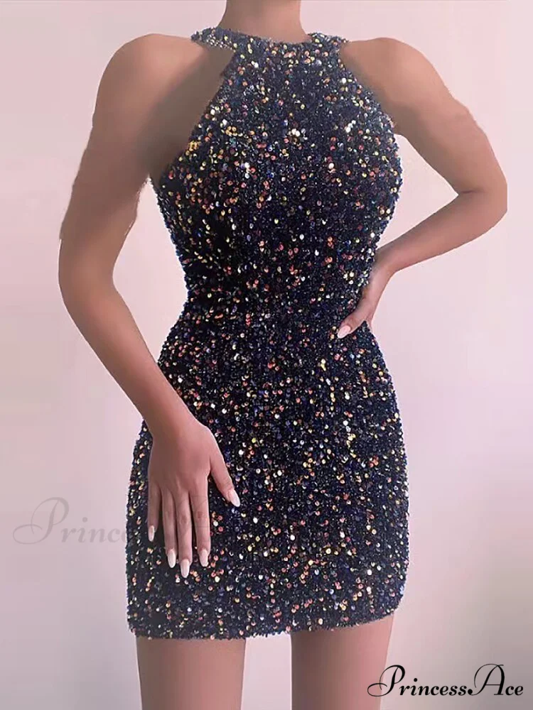 Sleeveless Off Shoulder Skinny High Waist Halter Chain Sequin Dress - Image 13