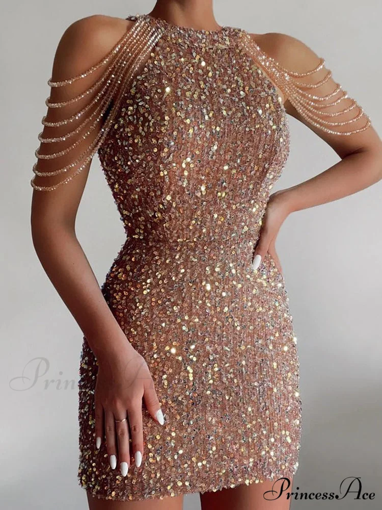Off Shoulder Gold Sequin Short Party Bodycon Dress - Image 15