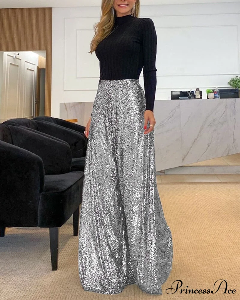 High Waist Sequin Flared Wide Leg Pants - Image 2
