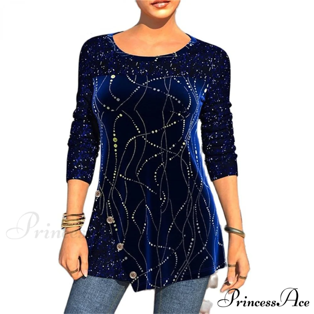 Sequins Patchwork Print Long Sleeve O-Neck T Shirt