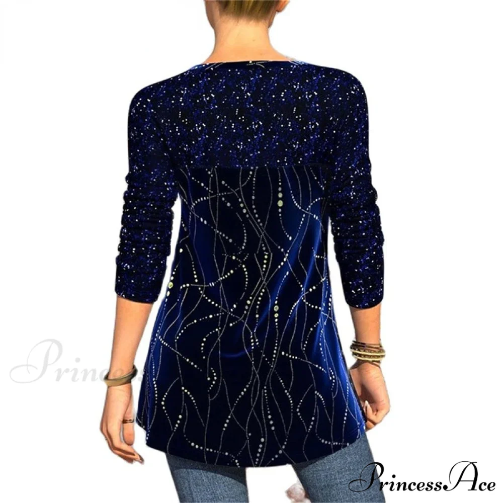 Sequins Patchwork Print Long Sleeve O-Neck T Shirt - Image 2
