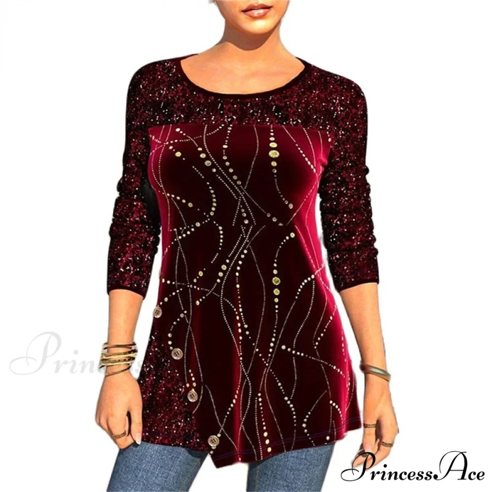 Sequins Patchwork Print Long Sleeve O-Neck T Shirt - Image 3