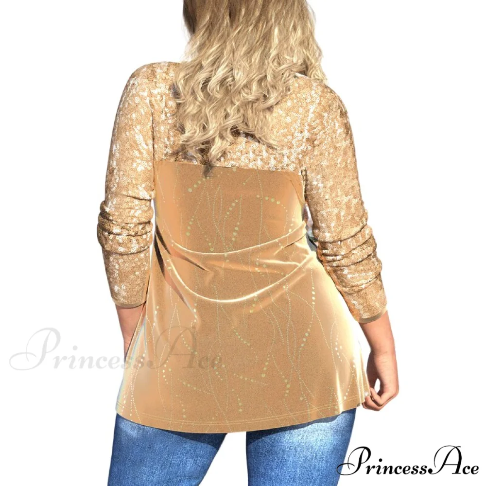 Plus Size Graphic Printed Sequins Patchwork Round Neck T Shirt - Image 11